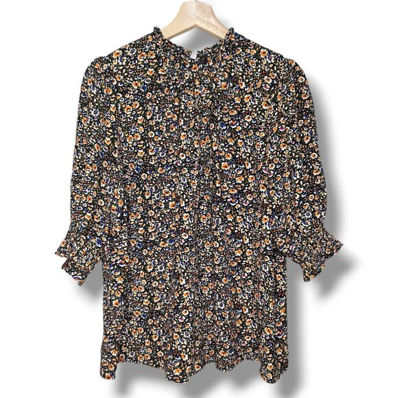 Women's Boden Floral Pattern Mock Neck Ruffle Short Sleeve Blouse Size 12 - Picture 1 of 8